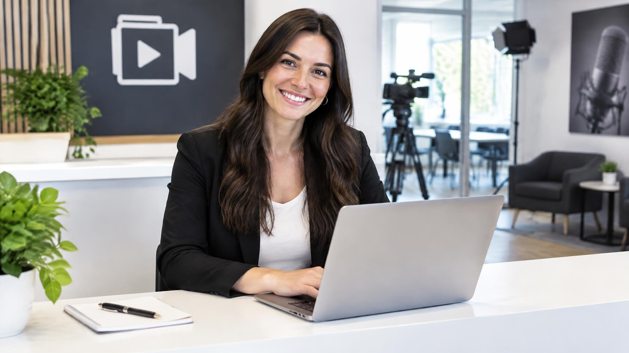 Woman smiling at a studio reception desk