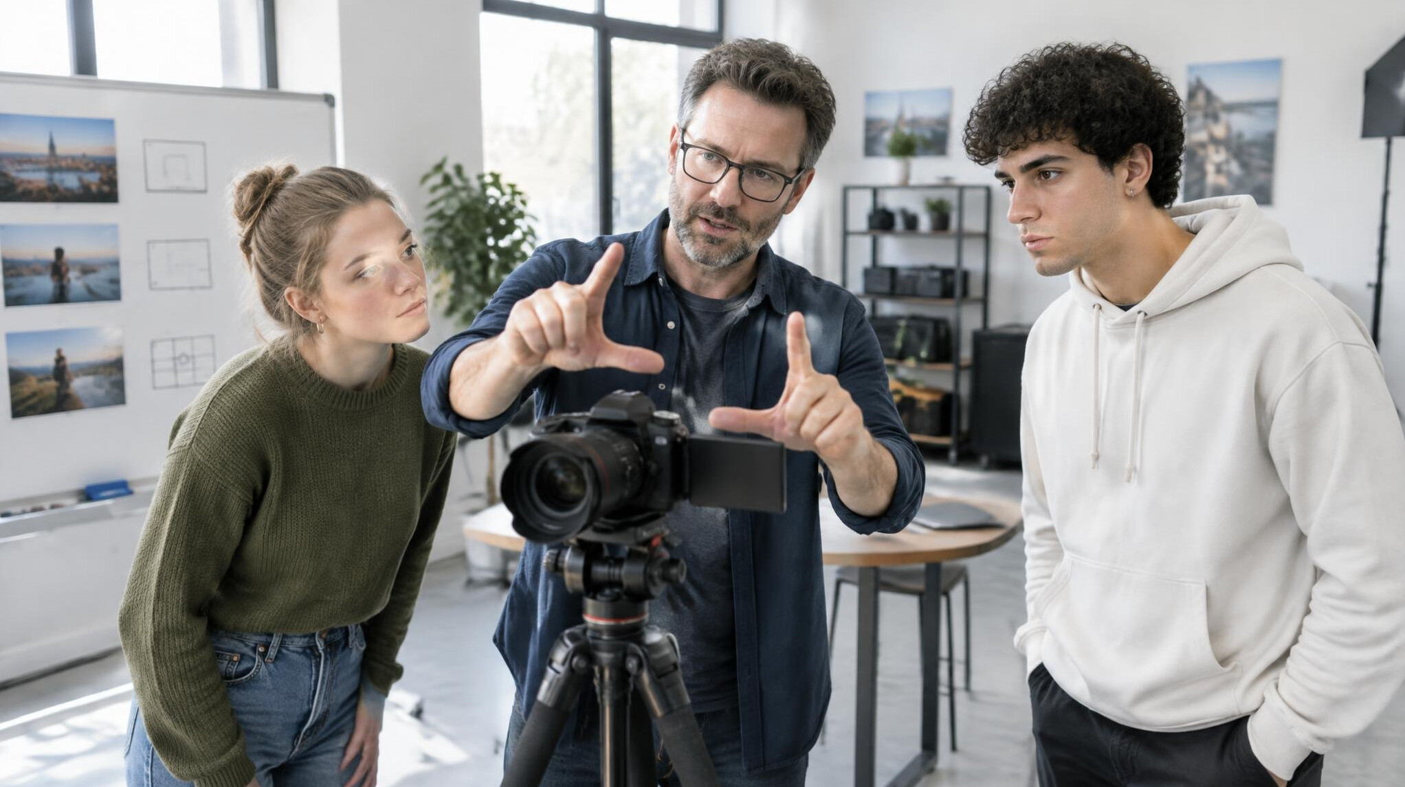 Instructor demonstrating camera framing to a small group