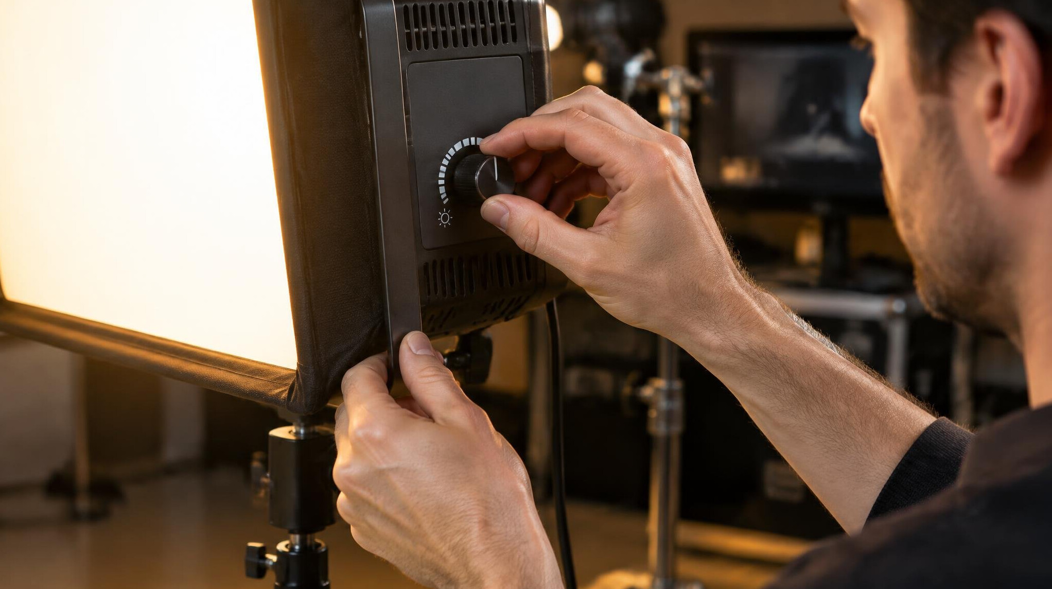 Hands adjusting a studio lighting panel