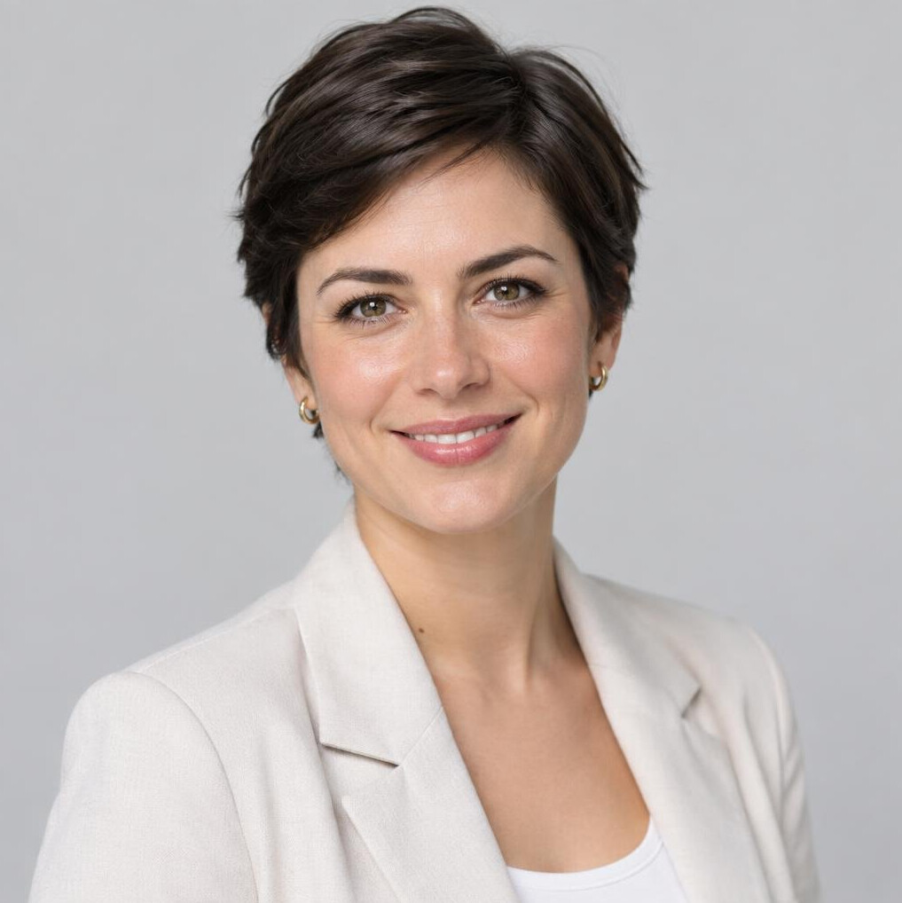 Studio portrait of a European woman with short dark hair