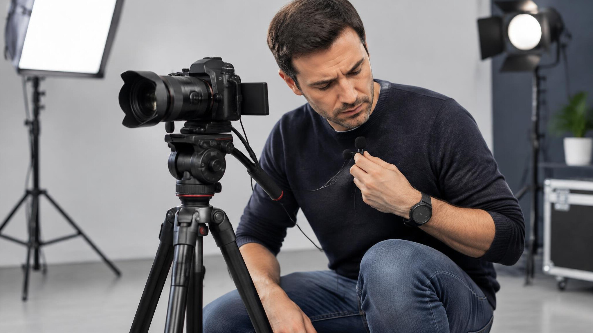 Man adjusting camera focus ring and checking microphone levels