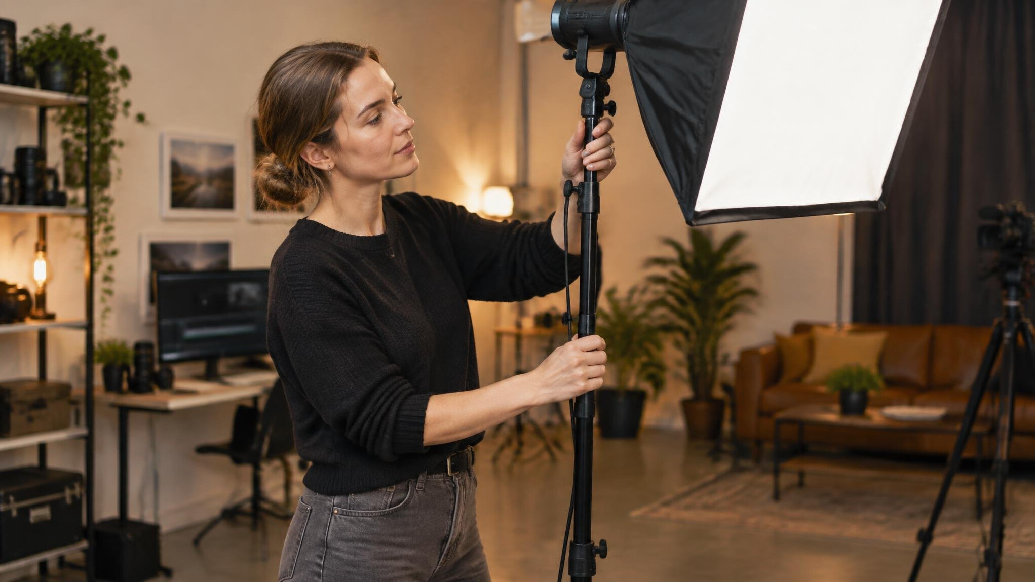 Technician adjusting a softbox light stand in a studio