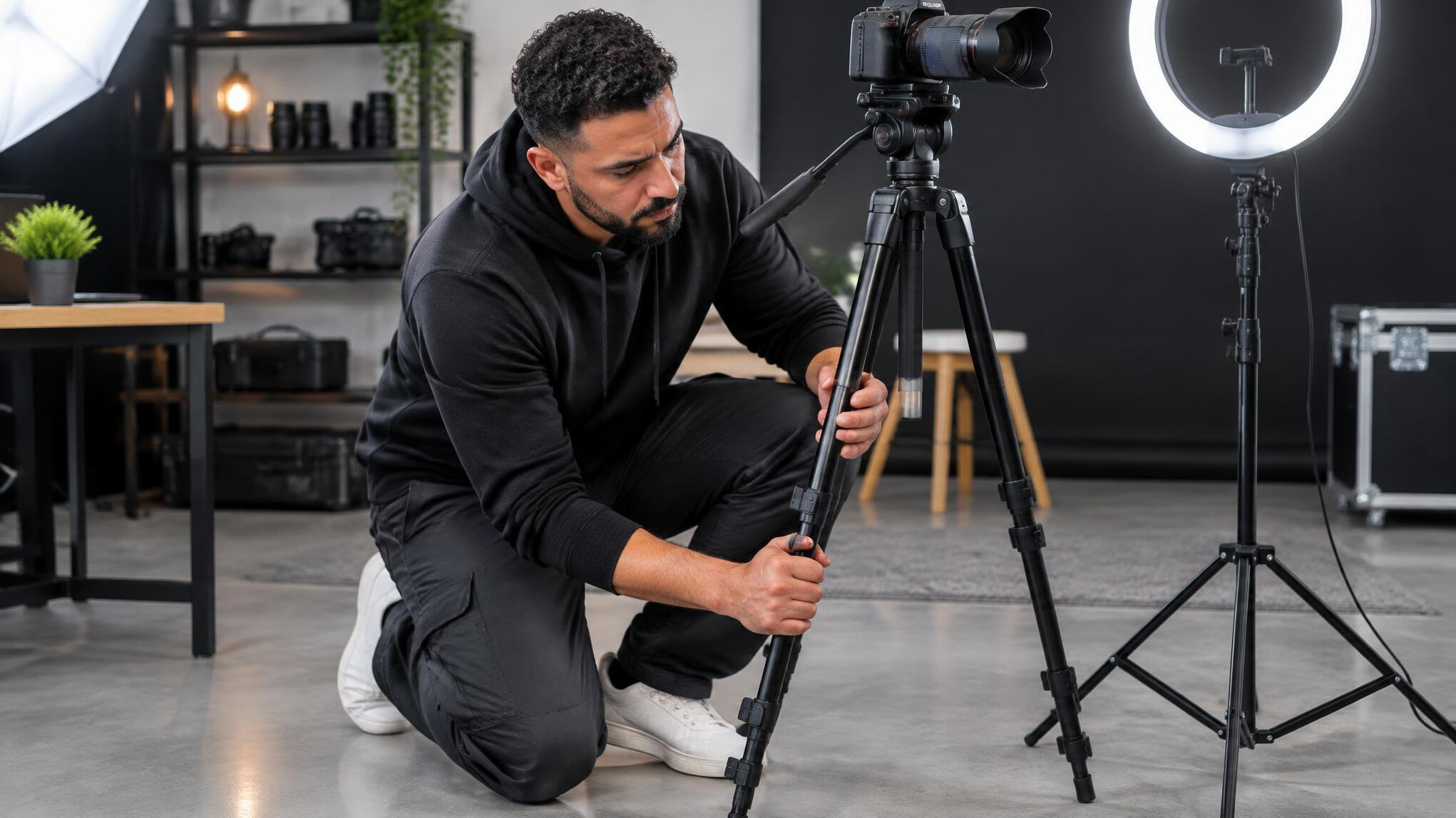Technician setting up a tripod and ring light