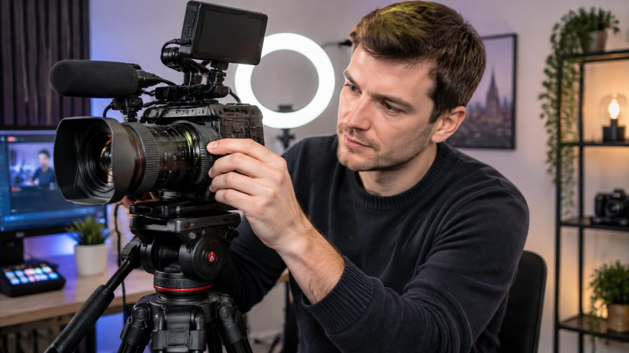 Man operating a professional camera in a live streaming studio