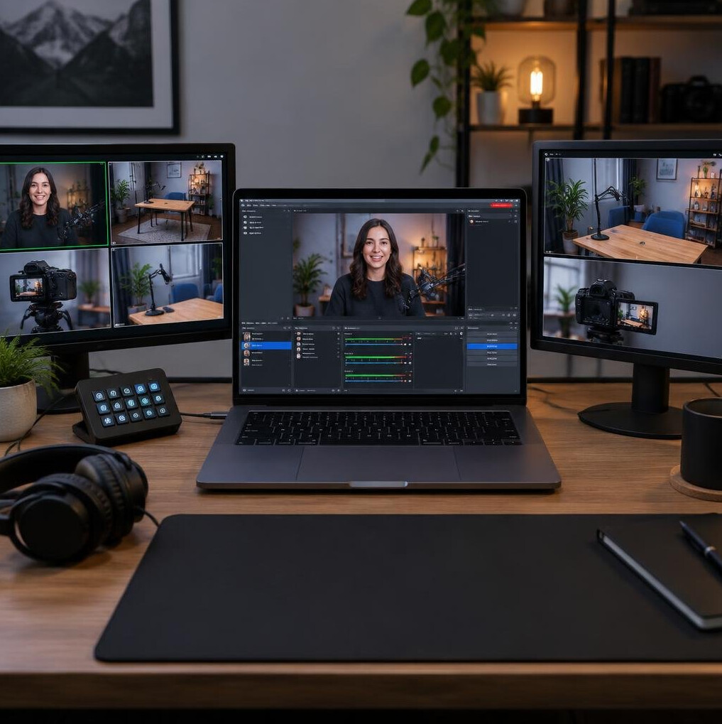 Laptop displaying a streaming software interface with multiple monitors
