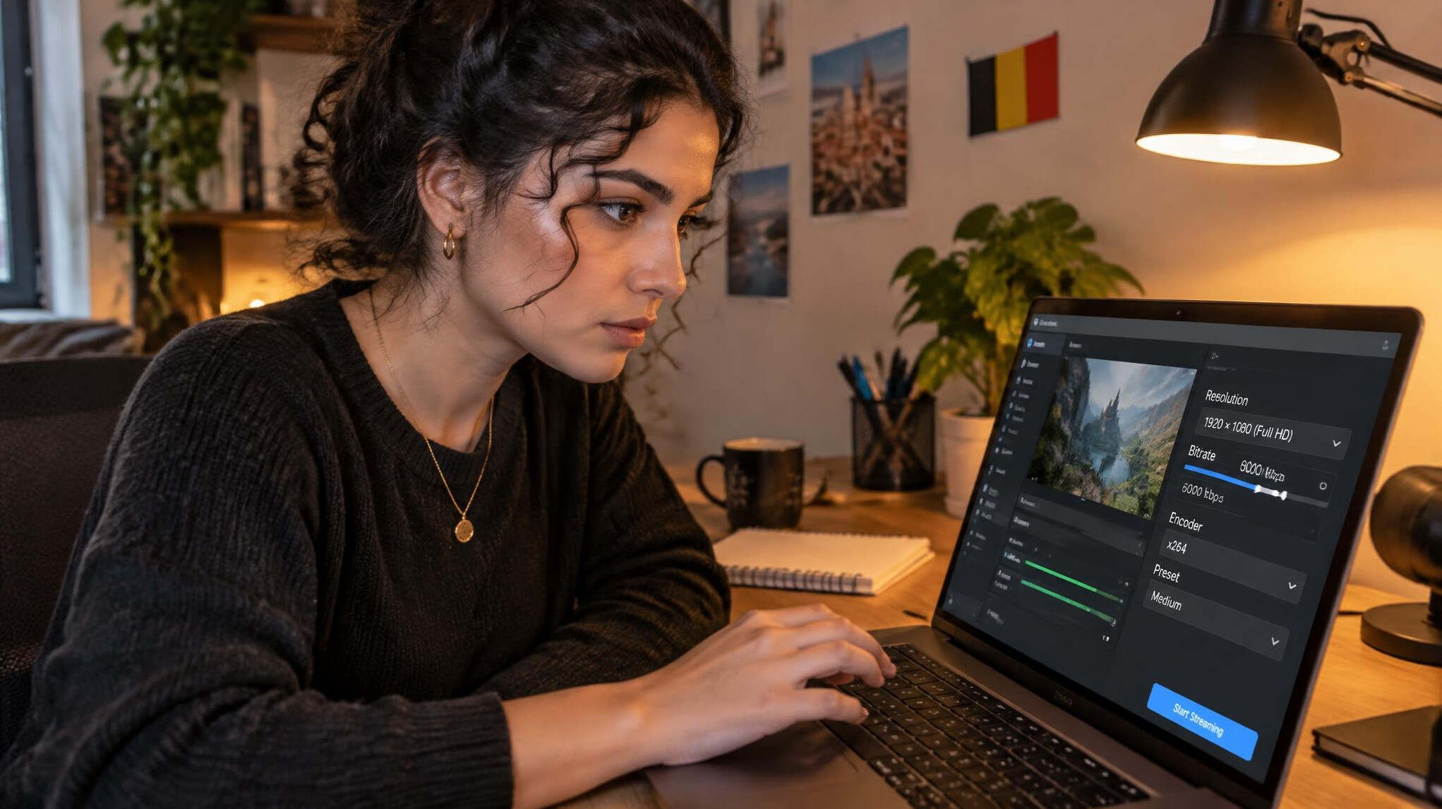 Woman configuring streaming software settings on a laptop