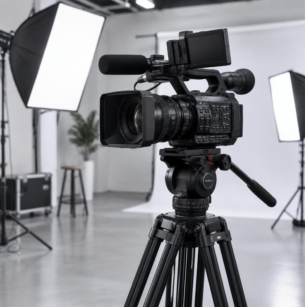 Professional video camera on a tripod with studio lighting