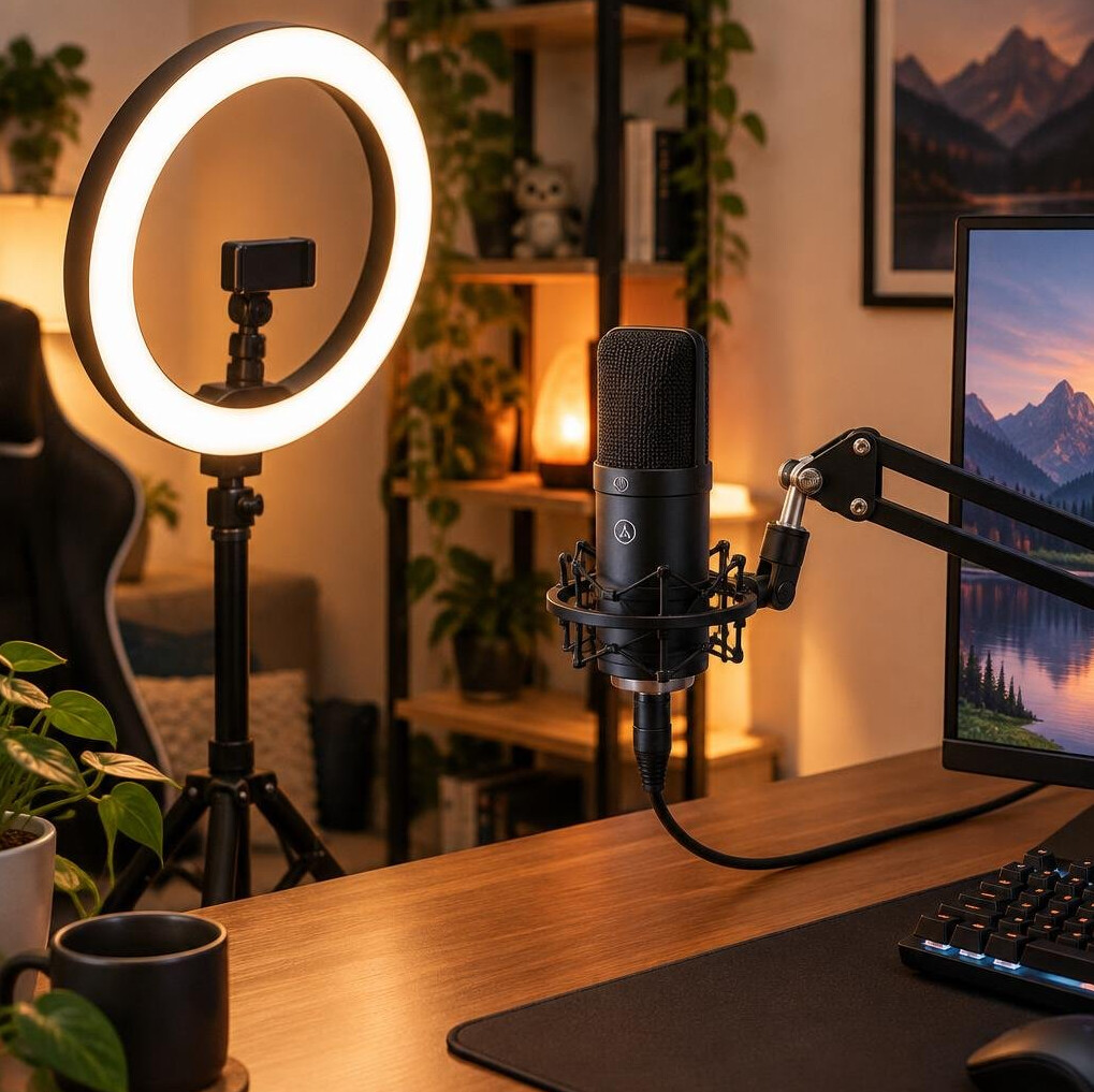 Ring light and microphone setup on a desk