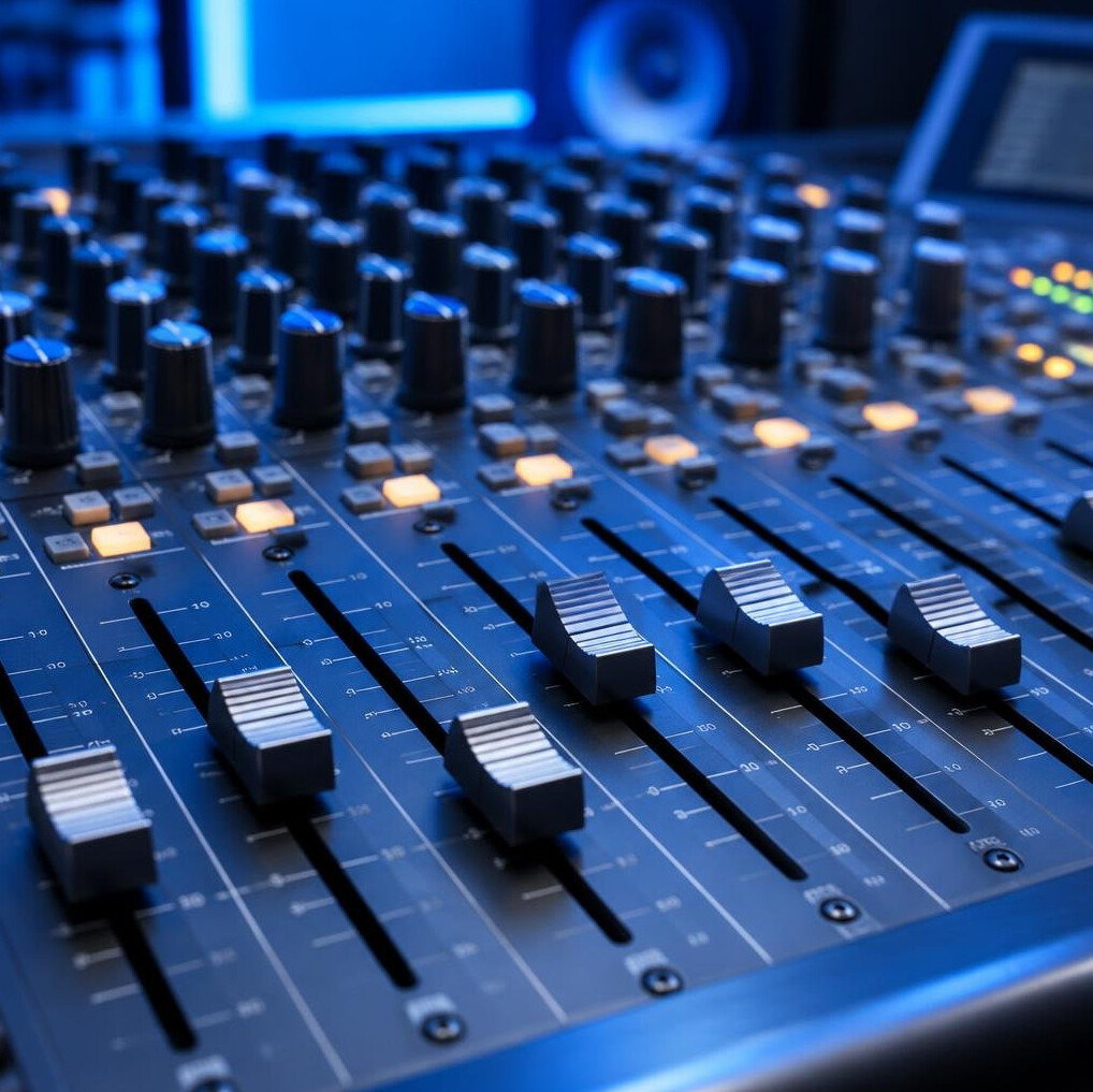 Close-up of an audio mixing console with sliders