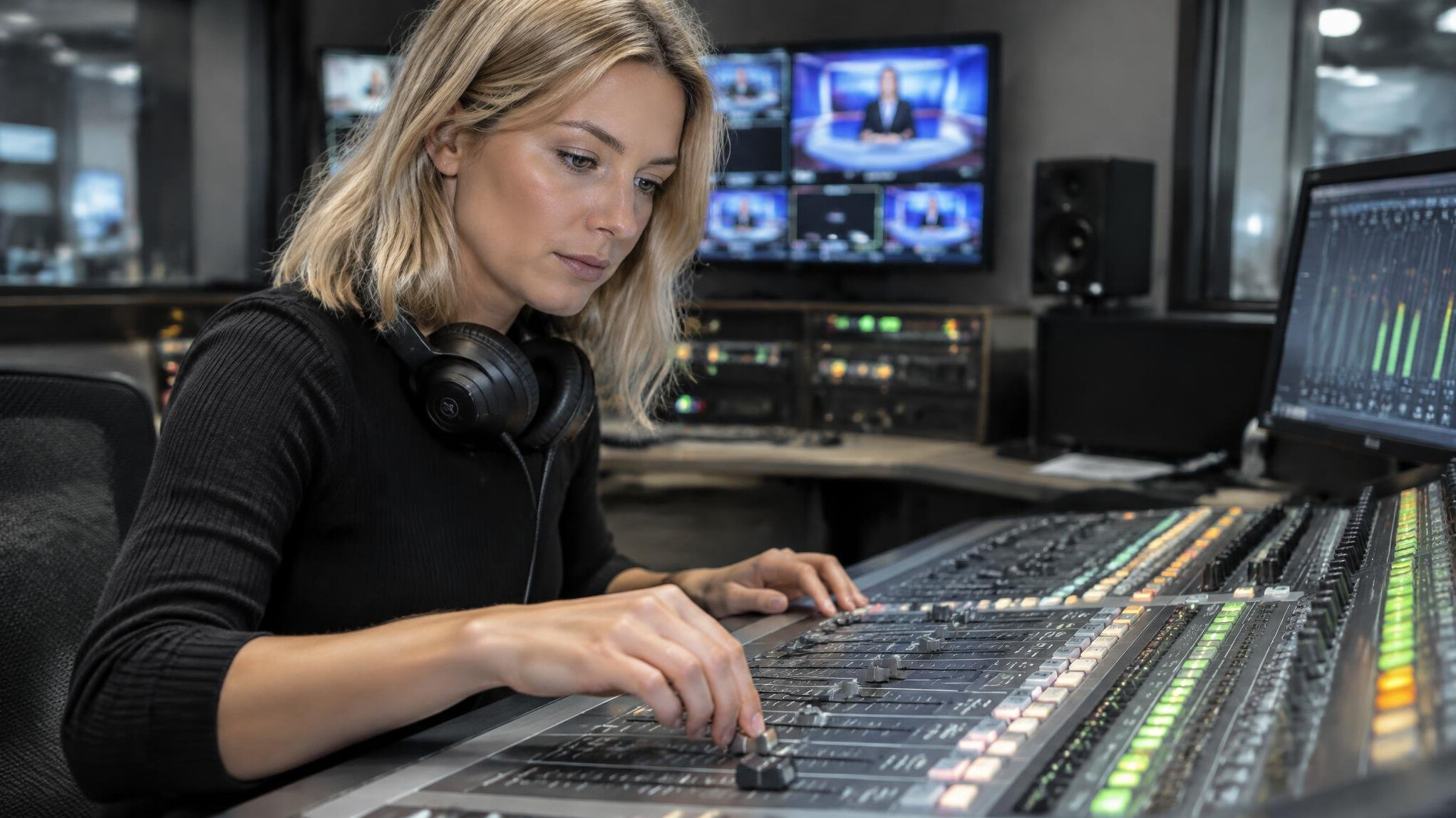 Woman checking audio levels on a mixing console